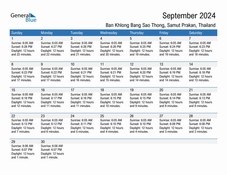 Ban Khlong Bang Sao Thong September 2024 sunrise and sunset calendar in PDF, Excel, and Word