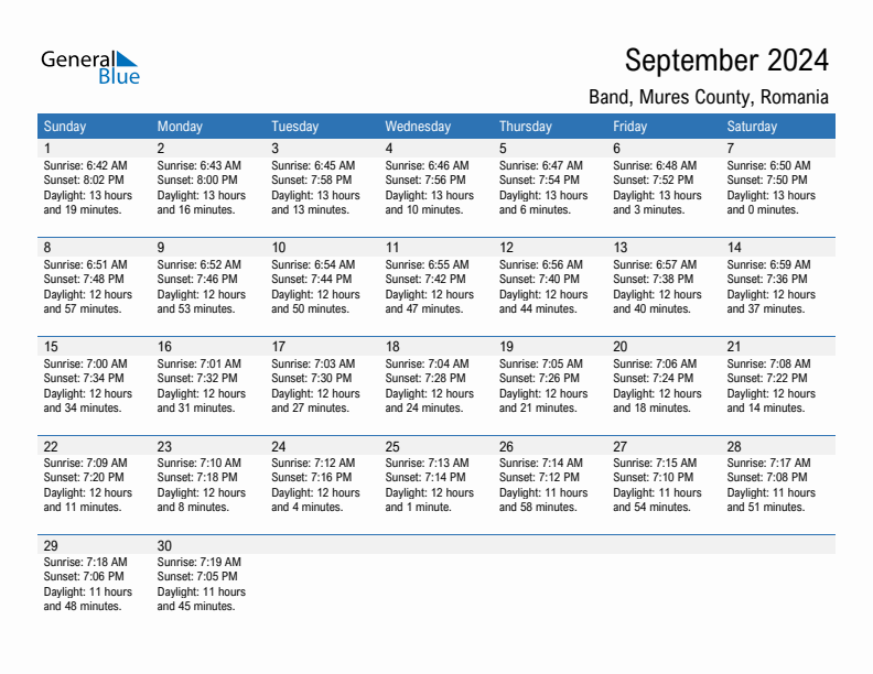 Band September 2024 sunrise and sunset calendar in PDF, Excel, and Word