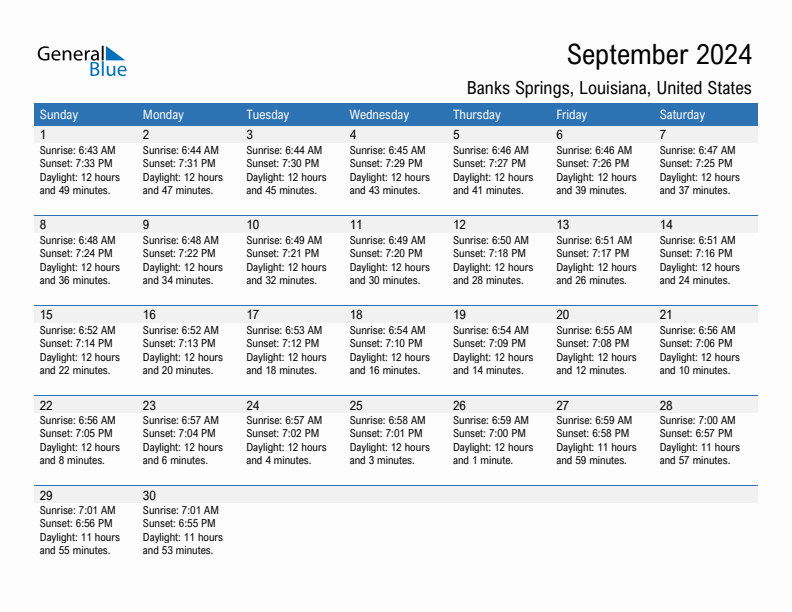 Banks Springs September 2024 sunrise and sunset calendar in PDF, Excel, and Word