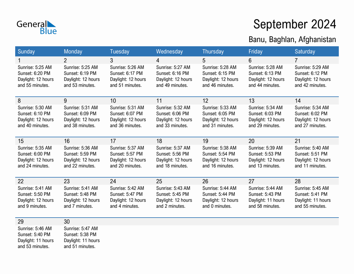 September 2024 sunrise and sunset calendar for Banu