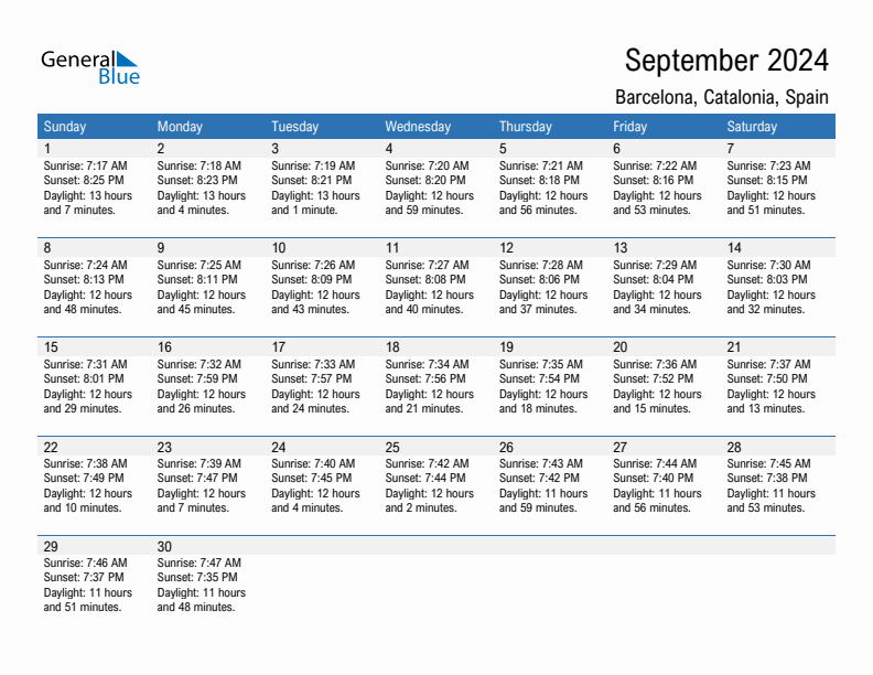 Barcelona September 2024 sunrise and sunset calendar in PDF, Excel, and Word