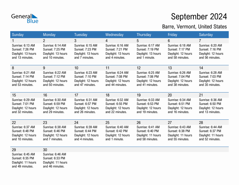 Barre September 2024 sunrise and sunset calendar in PDF, Excel, and Word