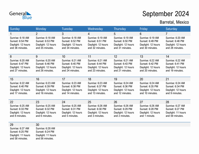 Barretal September 2024 sunrise and sunset calendar in PDF, Excel, and Word