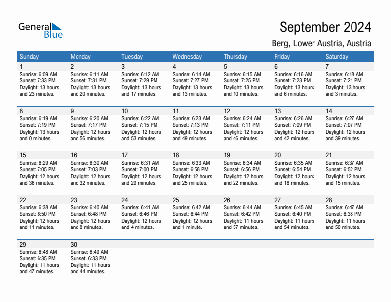 Berg September 2024 sunrise and sunset calendar in PDF, Excel, and Word