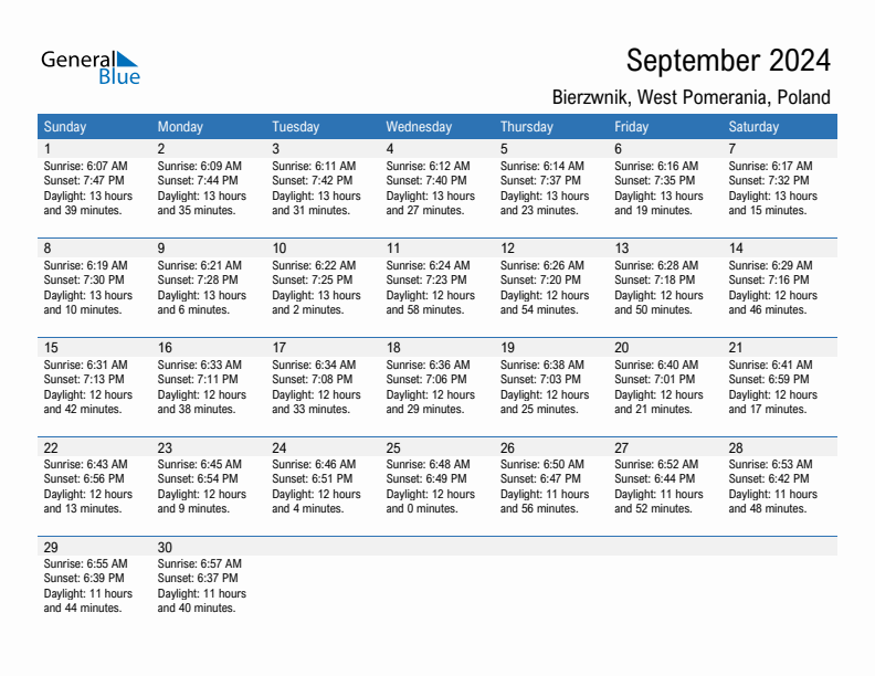 Bierzwnik September 2024 sunrise and sunset calendar in PDF, Excel, and Word