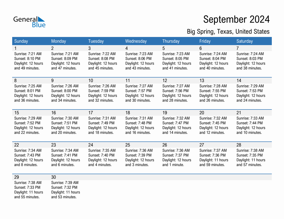 September 2024 sunrise and sunset calendar for Big Spring