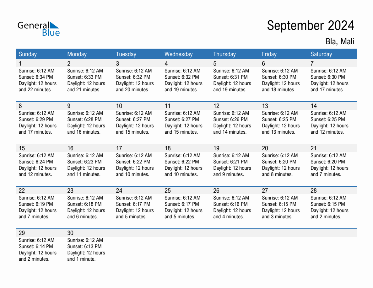 September 2024 Sunrise and Sunset Calendar for Bla (PDF, Excel, Word)