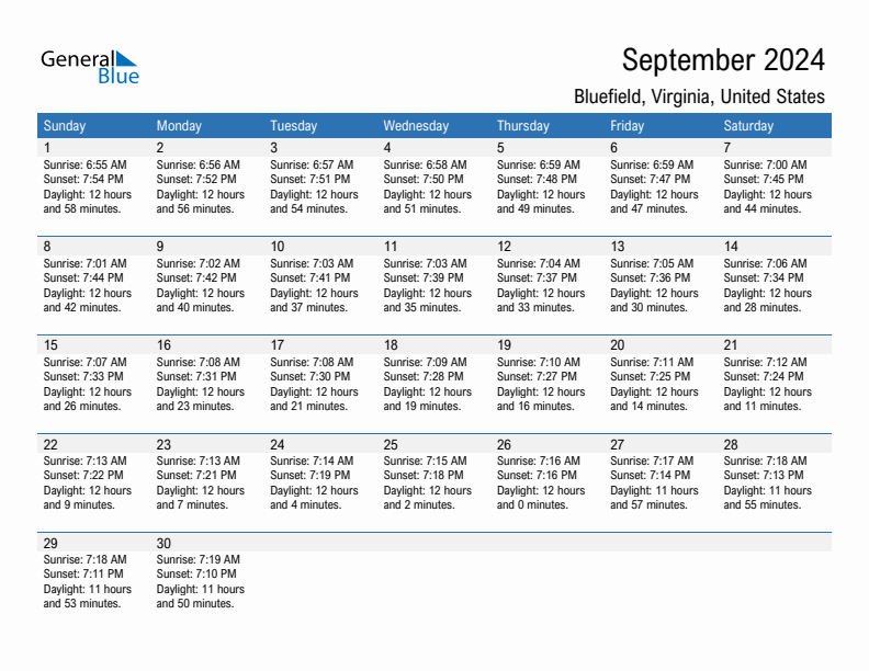 Bluefield September 2024 sunrise and sunset calendar in PDF, Excel, and Word