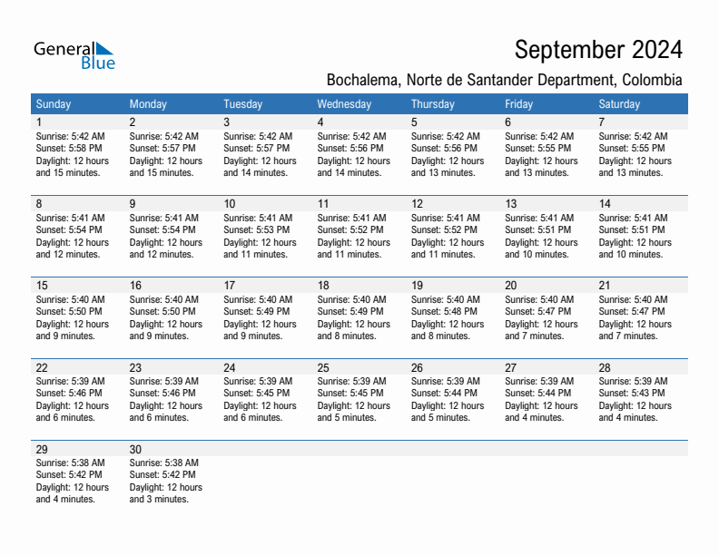 Bochalema September 2024 sunrise and sunset calendar in PDF, Excel, and Word