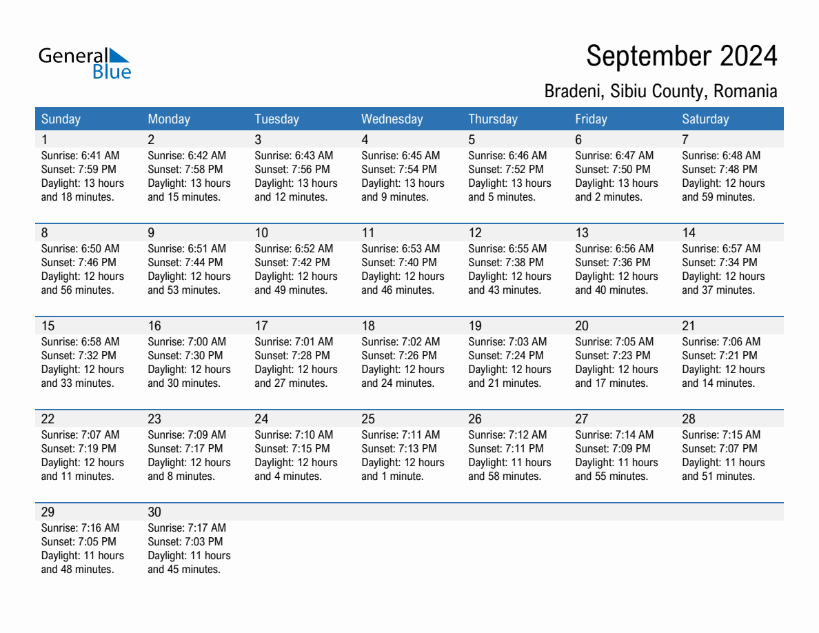 September 2024 sunrise and sunset calendar for Bradeni