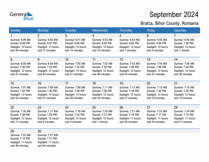 Bratca September 2024 sunrise and sunset calendar in PDF, Excel, and Word