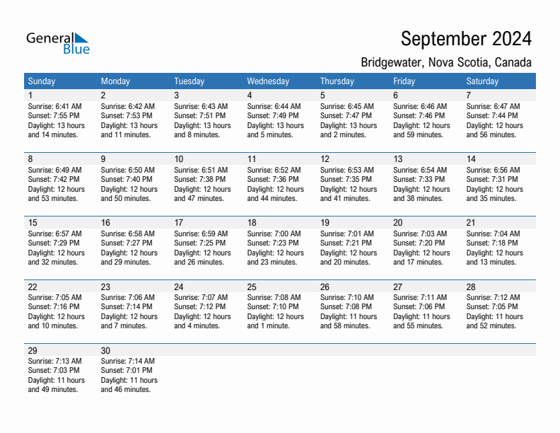 Bridgewater September 2024 sunrise and sunset calendar in PDF, Excel, and Word
