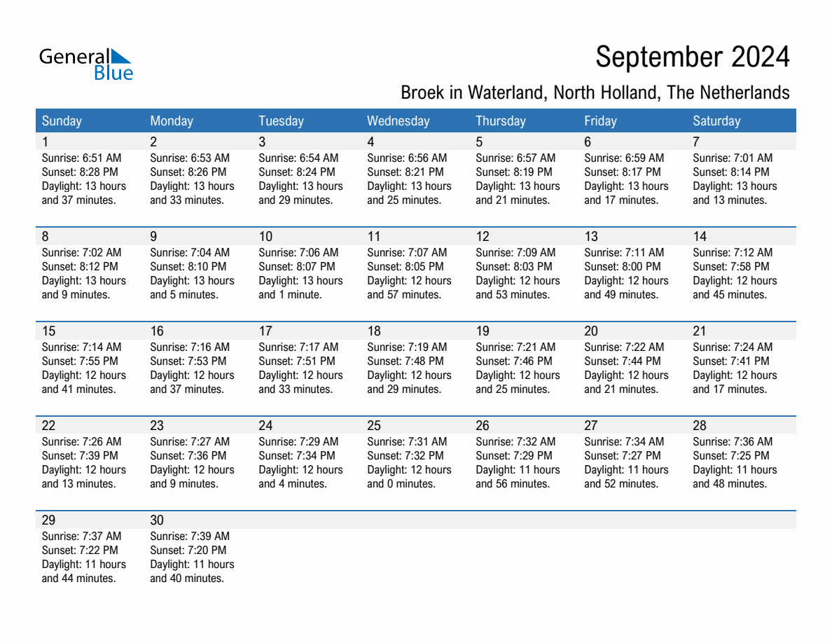 September 2024 sunrise and sunset calendar for Broek in Waterland