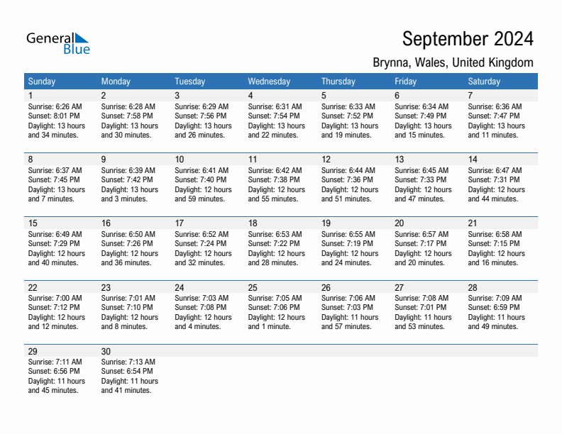 Brynna September 2024 sunrise and sunset calendar in PDF, Excel, and Word