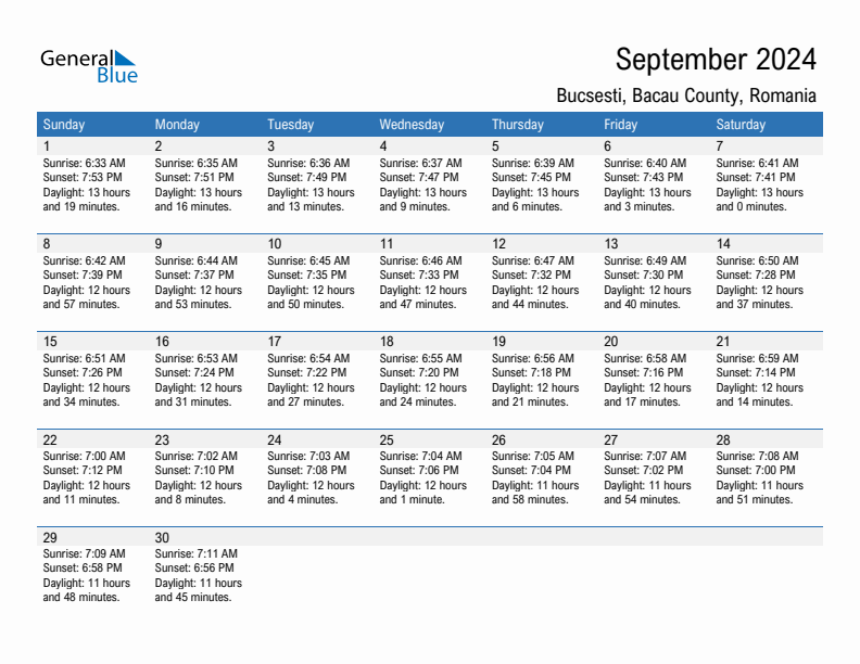 Bucsesti September 2024 sunrise and sunset calendar in PDF, Excel, and Word