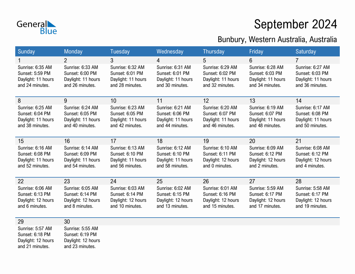 September 2024 Sunrise and Sunset Calendar for Bunbury (PDF, Excel, Word)