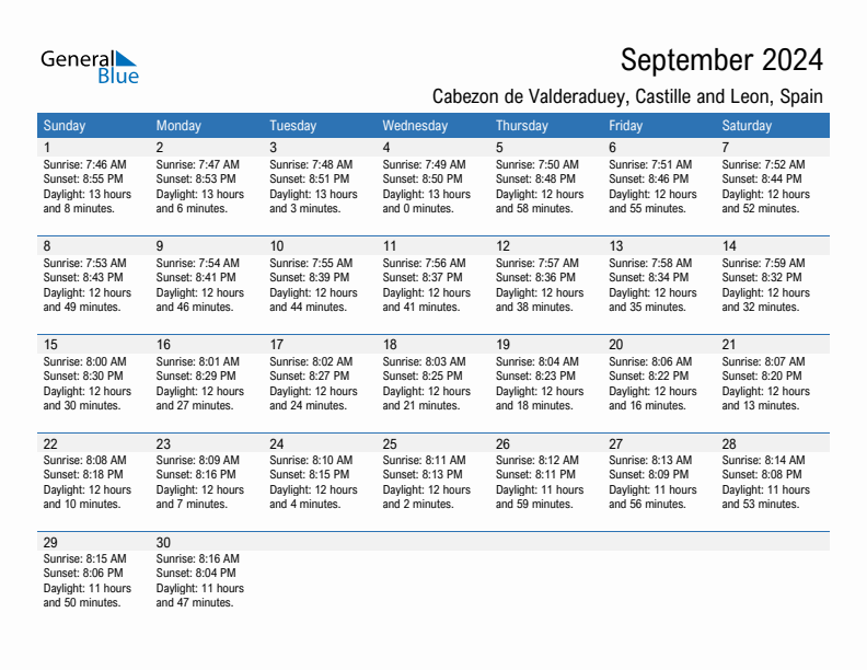 Cabezon de Valderaduey September 2024 sunrise and sunset calendar in PDF, Excel, and Word