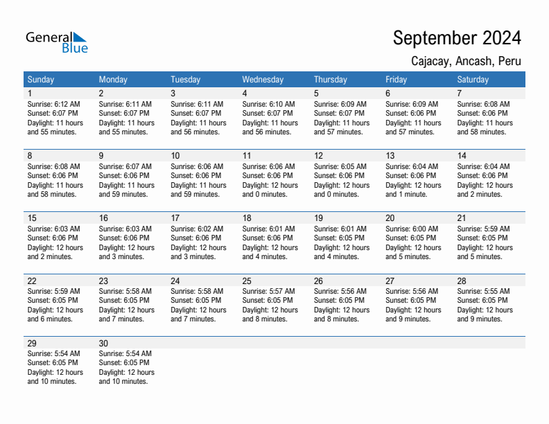 Cajacay September 2024 sunrise and sunset calendar in PDF, Excel, and Word