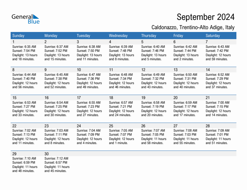 Caldonazzo September 2024 sunrise and sunset calendar in PDF, Excel, and Word