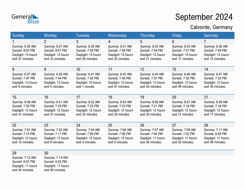 Calvorde September 2024 sunrise and sunset calendar in PDF, Excel, and Word