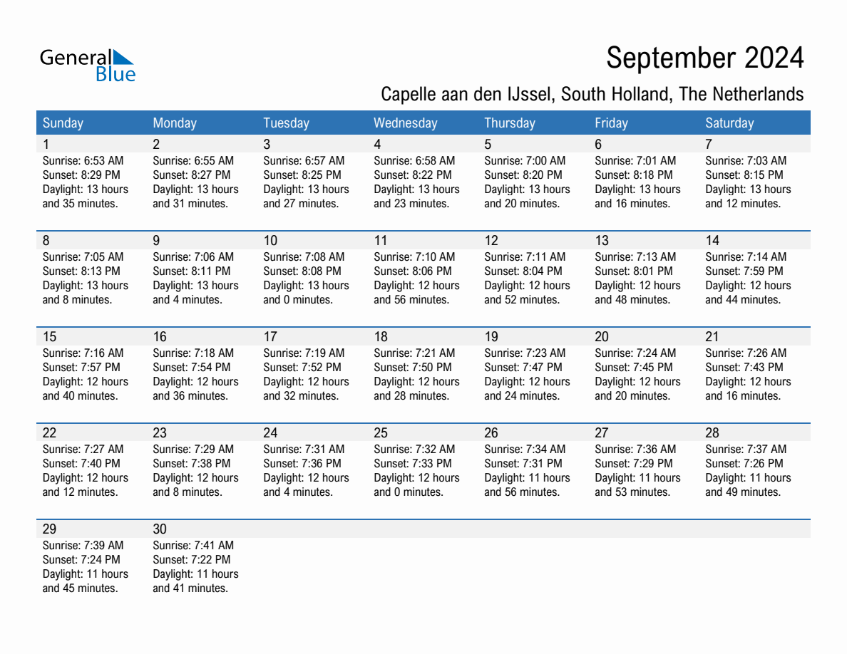 September 2024 sunrise and sunset calendar for Capelle aan den IJssel