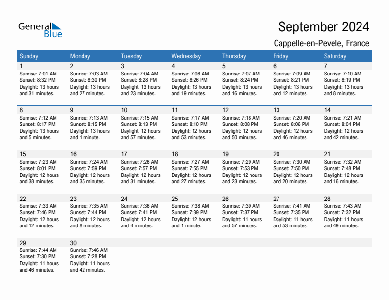 Cappelle-en-Pevele September 2024 sunrise and sunset calendar in PDF, Excel, and Word