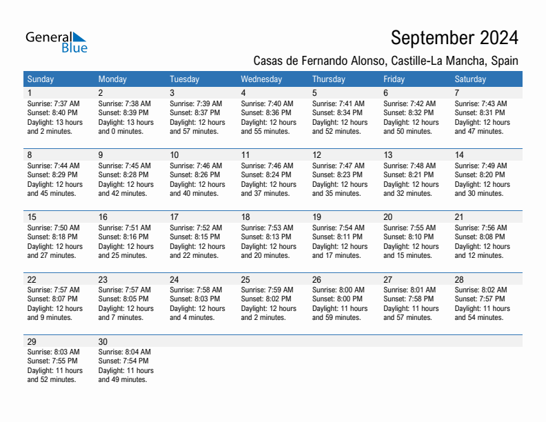 Casas de Fernando Alonso September 2024 sunrise and sunset calendar in PDF, Excel, and Word