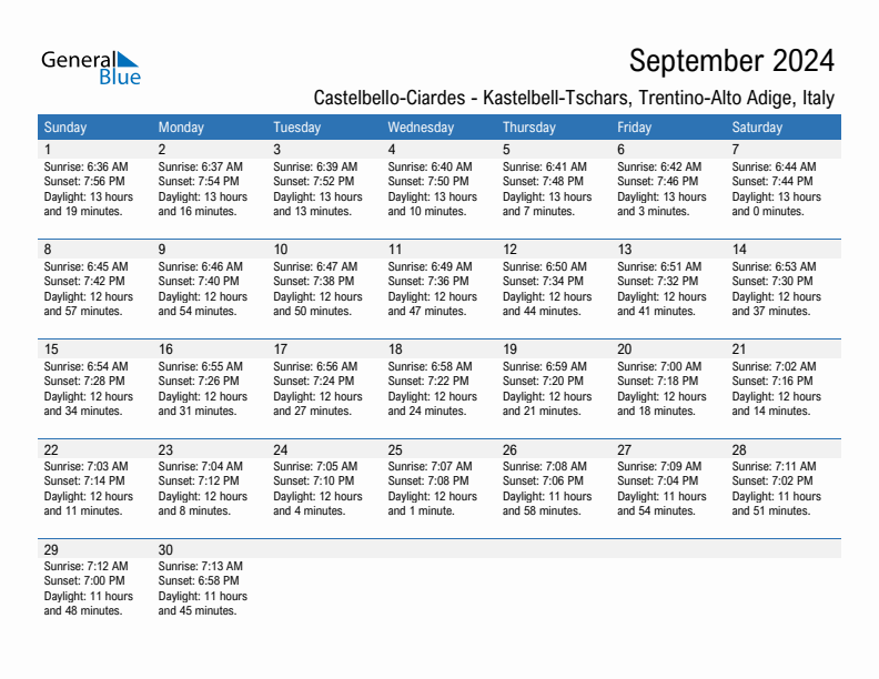 Castelbello-Ciardes - Kastelbell-Tschars September 2024 sunrise and sunset calendar in PDF, Excel, and Word