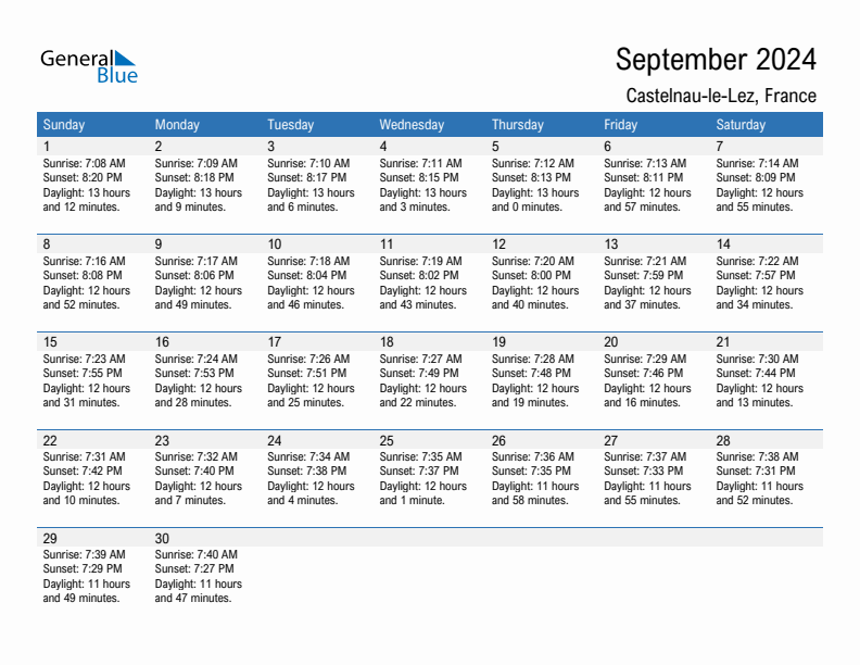 Castelnau-le-Lez September 2024 sunrise and sunset calendar in PDF, Excel, and Word