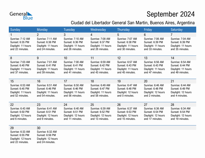 Ciudad del Libertador General San Martin September 2024 sunrise and sunset calendar in PDF, Excel, and Word