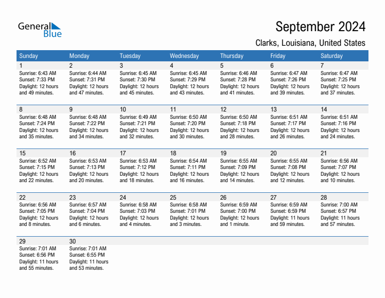 Clarks September 2024 sunrise and sunset calendar in PDF, Excel, and Word