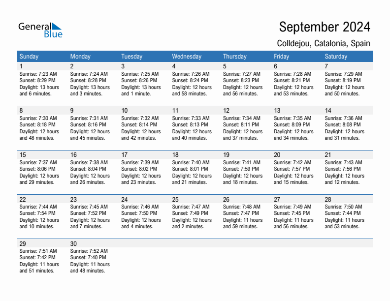 Colldejou September 2024 sunrise and sunset calendar in PDF, Excel, and Word