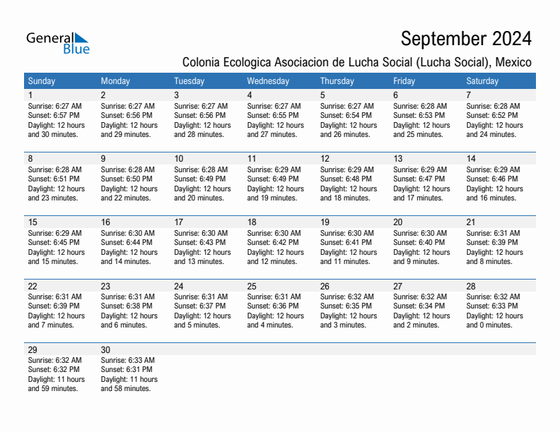 Colonia Ecologica Asociacion de Lucha Social (Lucha Social) September 2024 sunrise and sunset calendar in PDF, Excel, and Word