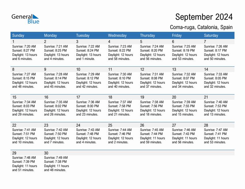 Coma-ruga September 2024 sunrise and sunset calendar in PDF, Excel, and Word