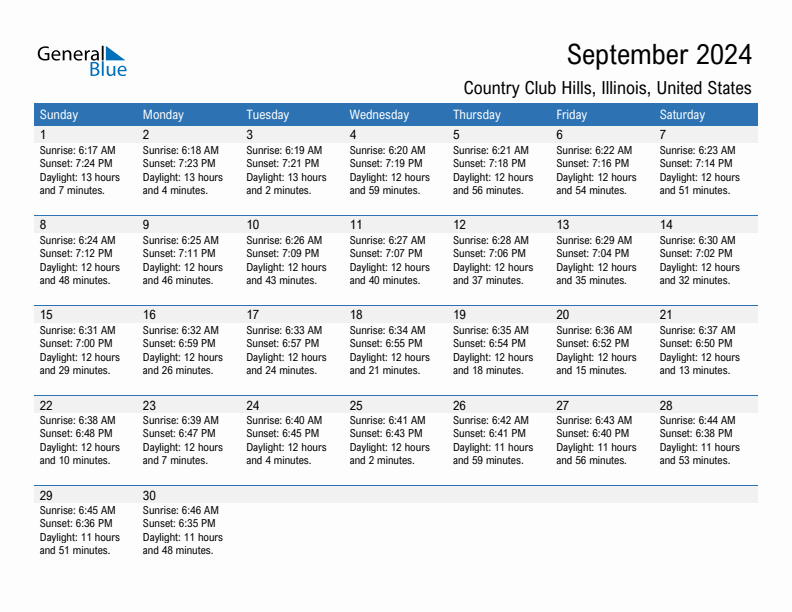 Country Club Hills September 2024 sunrise and sunset calendar in PDF, Excel, and Word