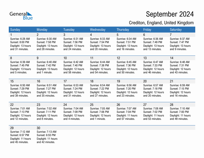 Crediton September 2024 sunrise and sunset calendar in PDF, Excel, and Word