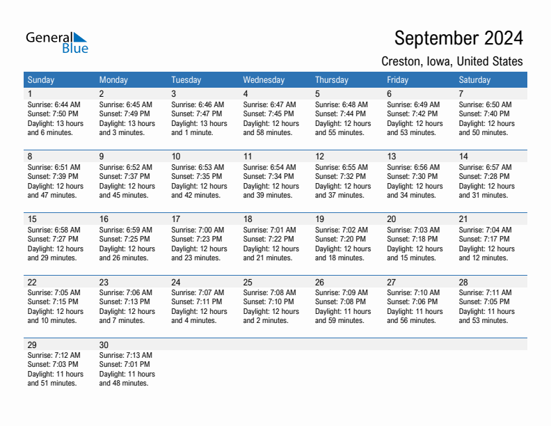 Creston September 2024 sunrise and sunset calendar in PDF, Excel, and Word