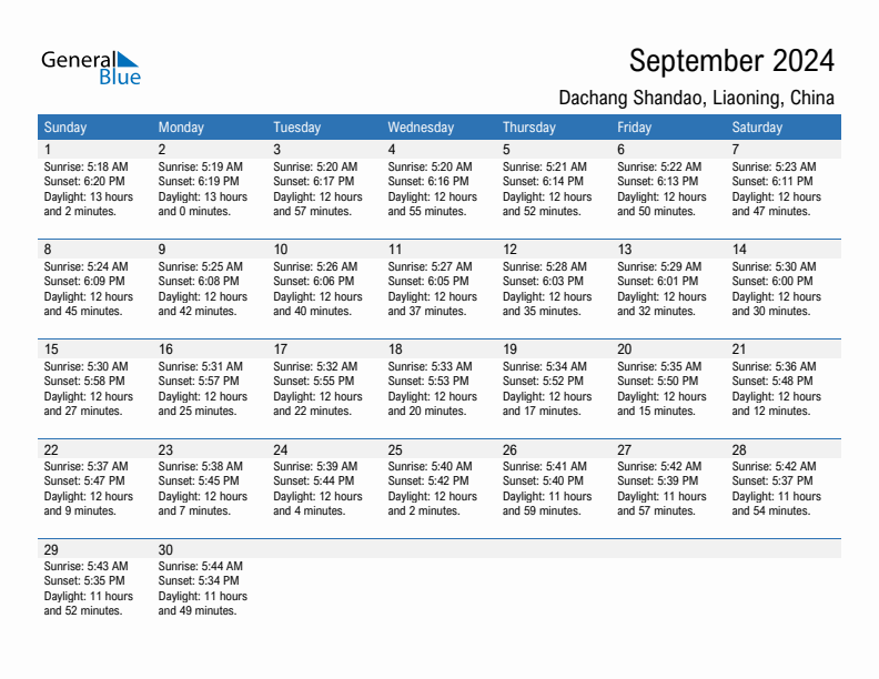 Dachang Shandao September 2024 sunrise and sunset calendar in PDF, Excel, and Word