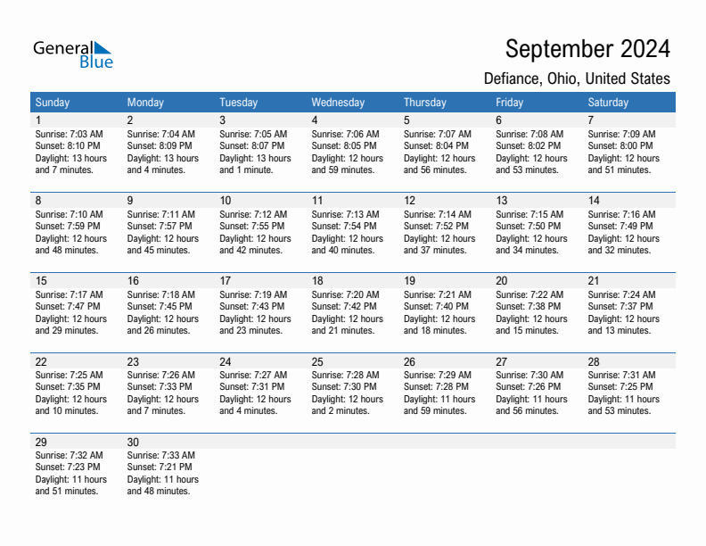 Defiance September 2024 sunrise and sunset calendar in PDF, Excel, and Word