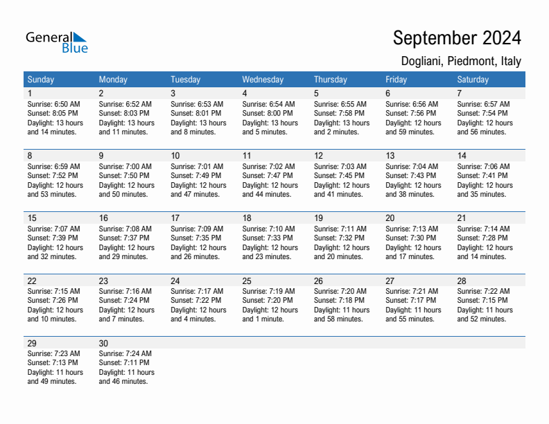 Dogliani September 2024 sunrise and sunset calendar in PDF, Excel, and Word