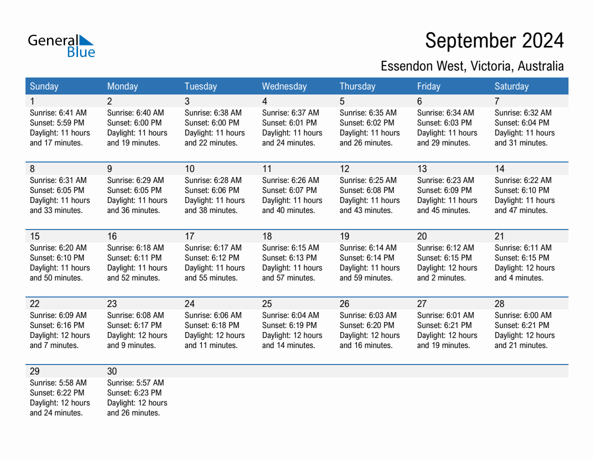 September 2024 sunrise and sunset calendar for Essendon West