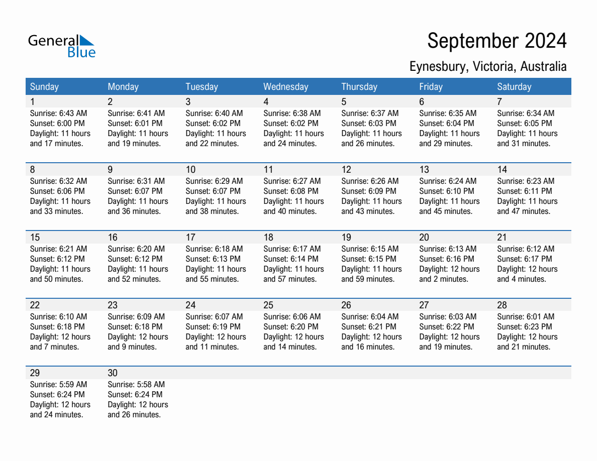 September 2024 sunrise and sunset calendar for Eynesbury