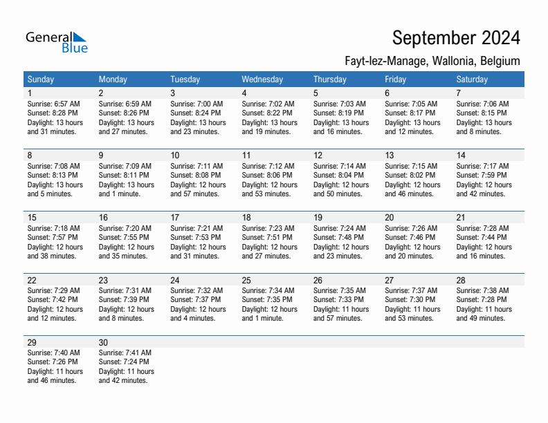 Fayt-lez-Manage September 2024 sunrise and sunset calendar in PDF, Excel, and Word