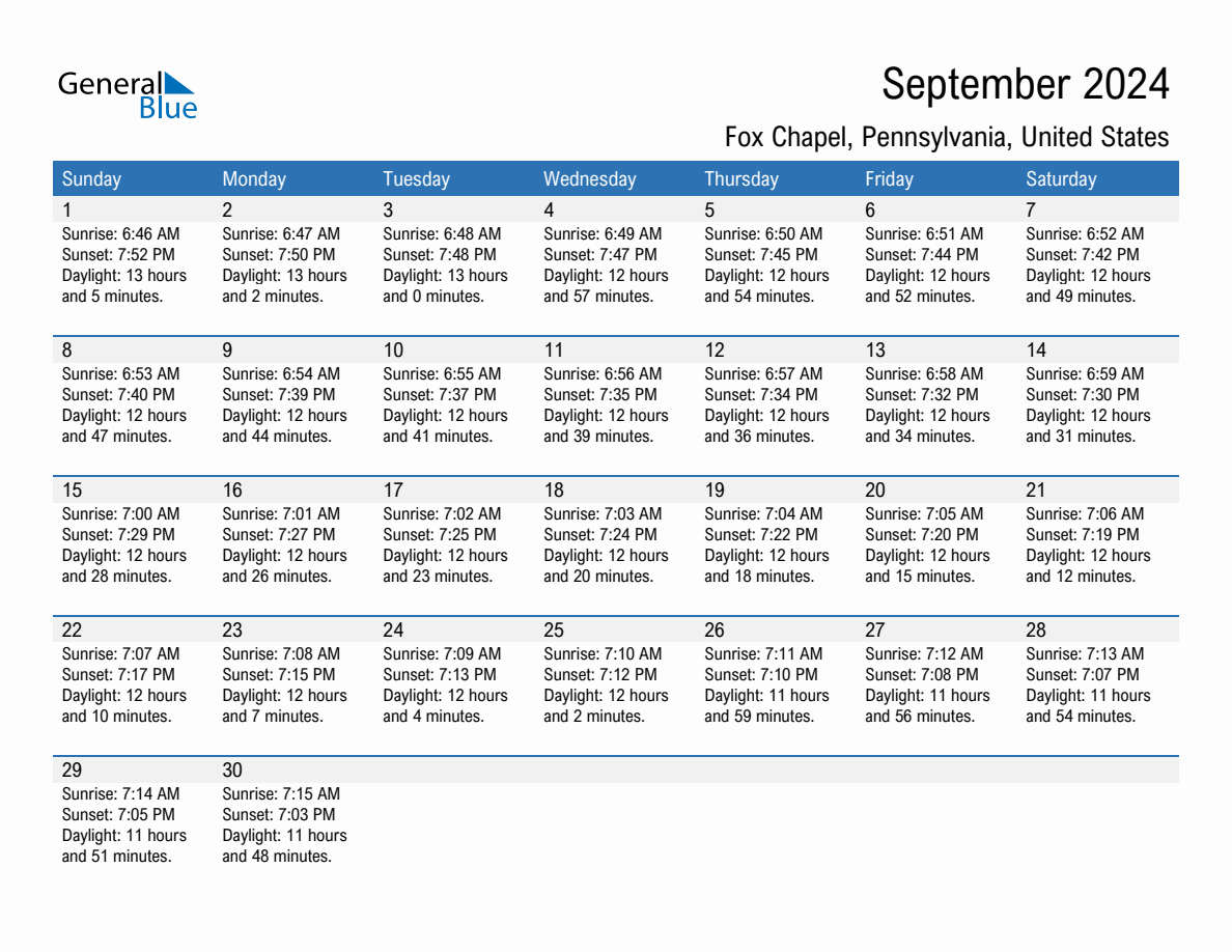 September 2024 Sunrise and Sunset Calendar for Fox Chapel (PDF Excel