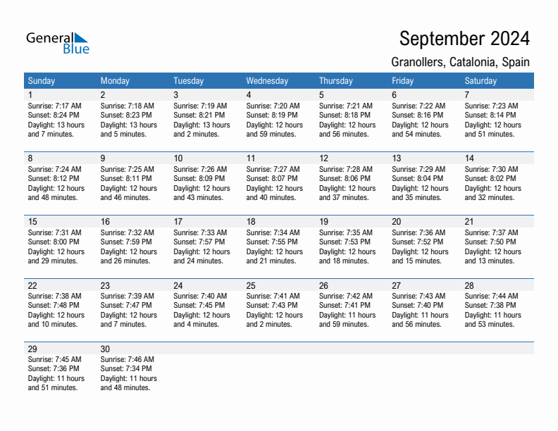 Granollers September 2024 sunrise and sunset calendar in PDF, Excel, and Word