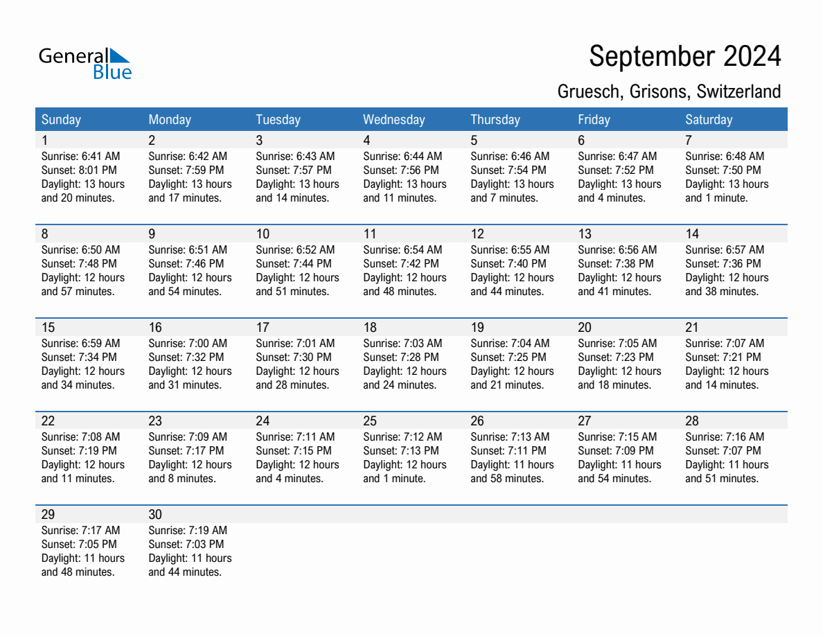 September 2024 sunrise and sunset calendar for Gruesch