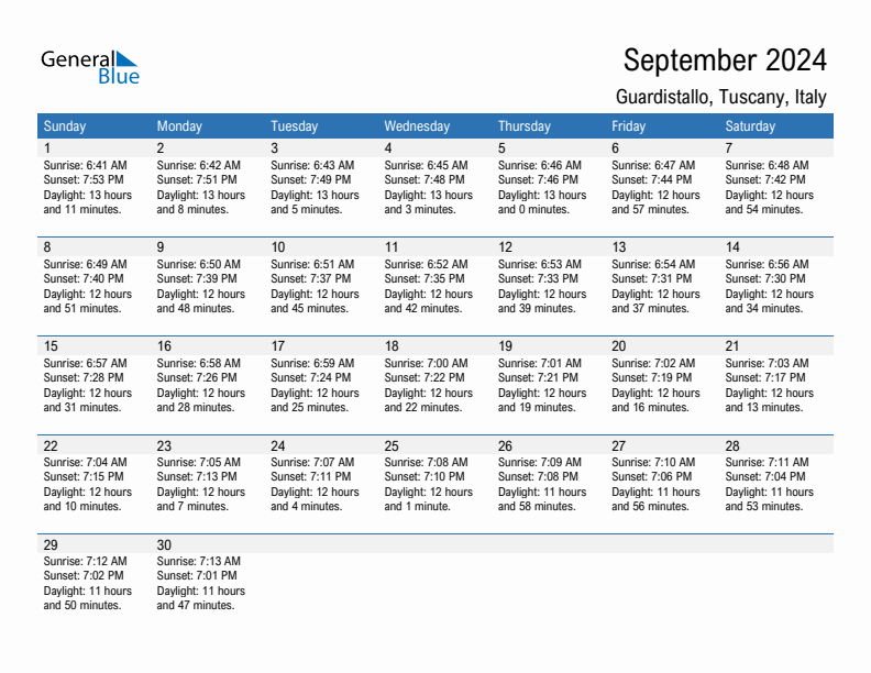 Guardistallo September 2024 sunrise and sunset calendar in PDF, Excel, and Word