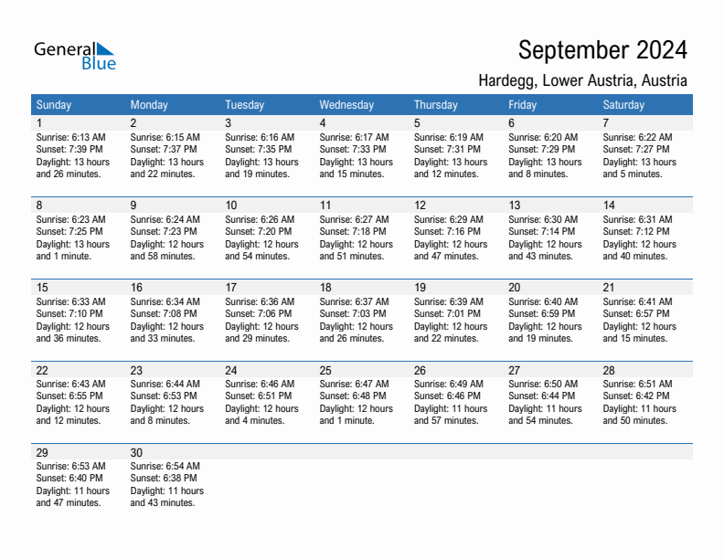 Hardegg September 2024 sunrise and sunset calendar in PDF, Excel, and Word