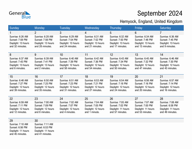 Hemyock September 2024 sunrise and sunset calendar in PDF, Excel, and Word