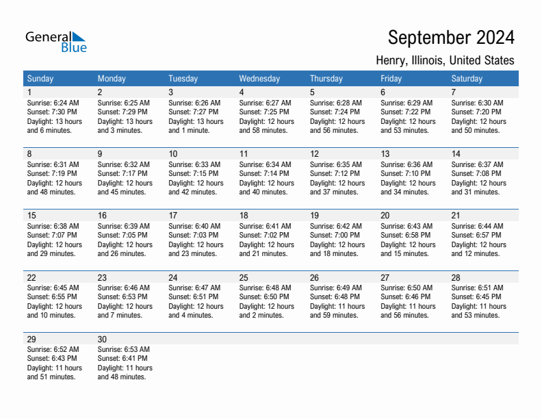 Henry September 2024 sunrise and sunset calendar in PDF, Excel, and Word